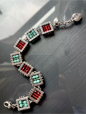 Brighton Beadazzled Silver Plated Etched Beaded Open Square Link Bracelet